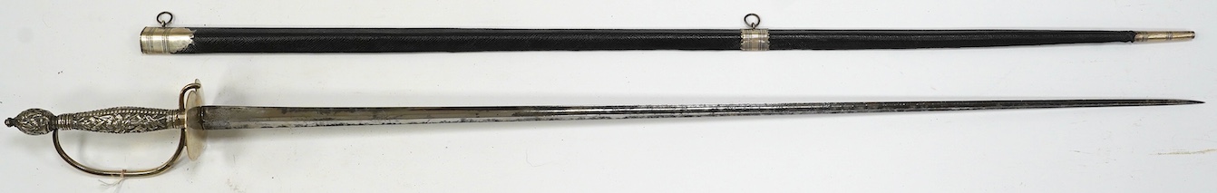A late 18th century court sword with white metal grip, knuckle guard and mounts, decoration to scabbard band believe to be based on Admiral Duncan’s crest (Camperdown 1797), blade 84cm. Condition - fair to good, some wea